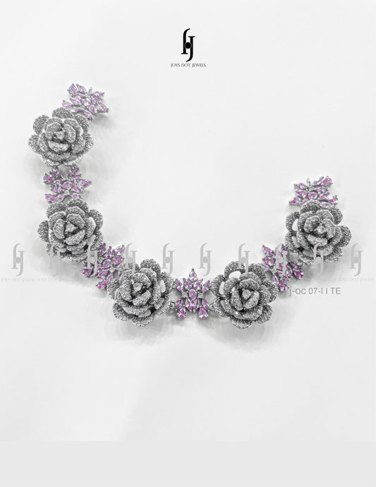 AD Silver Rose Necklace Set with Elegant Earrings